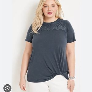 Maurices 1X Plus Lace Knot Hem Shirt Grey Blue
